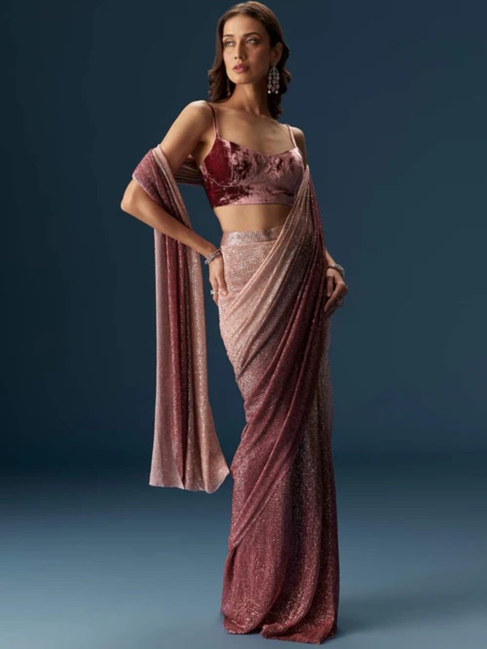 KALKI Fashion Wine Ombre Pre Pleated Saree With Sequins And Velvet Blouse